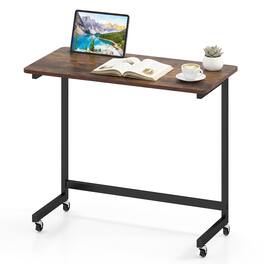 Gymax - C-Shaped Rolling Side Table w/ Wheels & Tablet SlotMetal FrameRustic - Brown