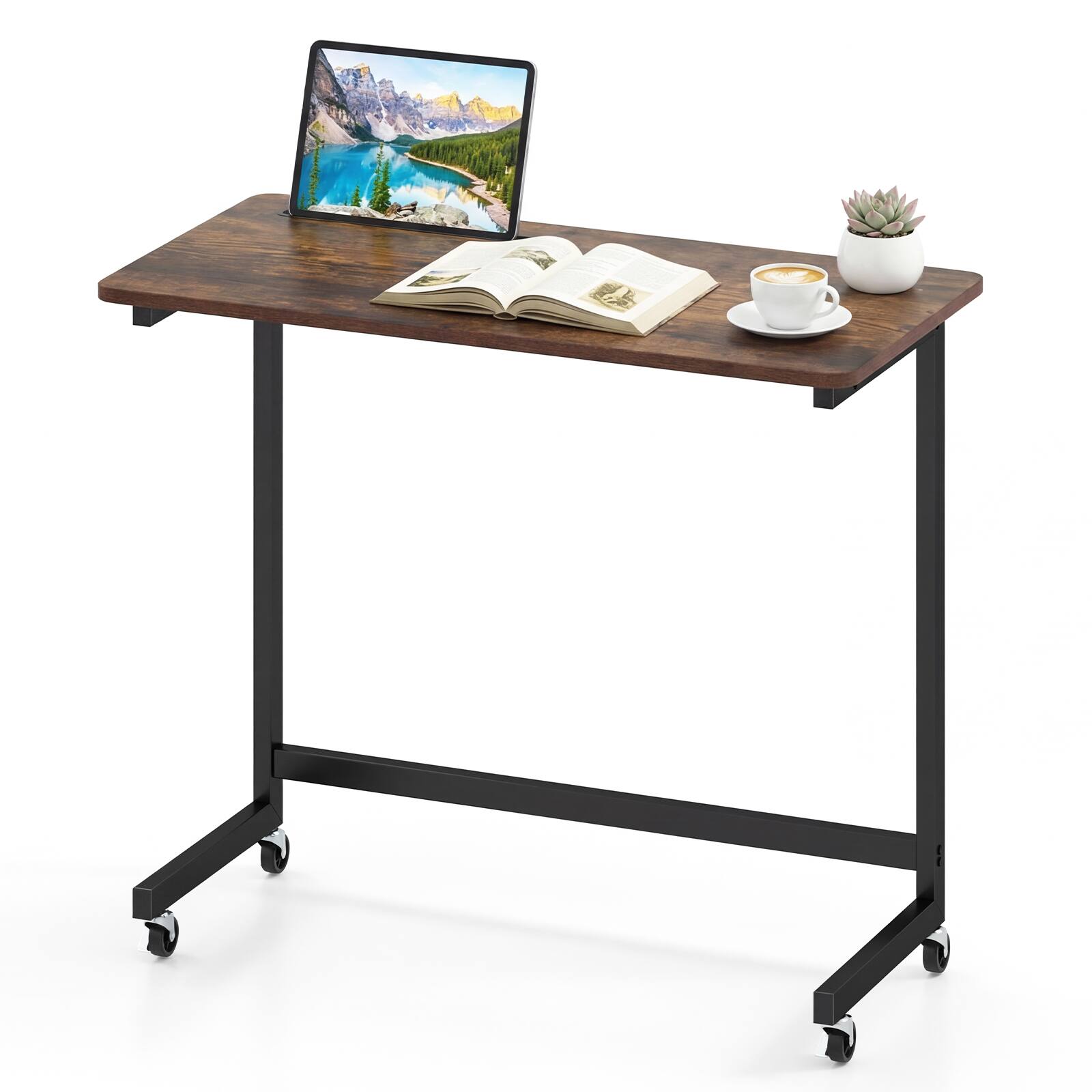 Front. Gymax - Gymax C-Shaped Rolling Side Table w/ Wheels & Tablet SlotMetal FrameRustic Brown - Brown.