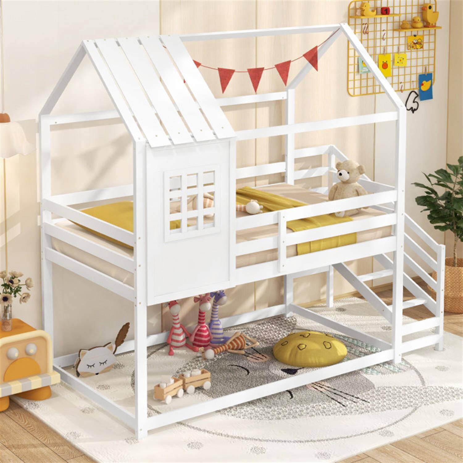Alt View 1. Pefilos - Twin Over Twin Bunk Bed with Stairs and Roof, Twin Bunk Beds, Space-saving Solid Wood House Bed Frame - White.
