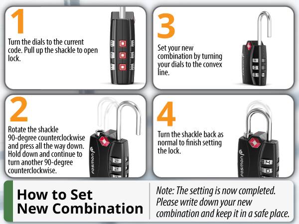 1. Turn the dials to the current code. Pull up the shackle to open lock.
2. Rotate the shackle 90-degree counterclockwise and press all the way down. Hold down and continue to turn another 90-degree counterclockwise.
3. Set your new combination by turning your dials to the convex line.
4. Turn the shackle back as normal to finish setting the lock.

Note: The setting is now completed. Please write down your new combination and keep it in a safe place.