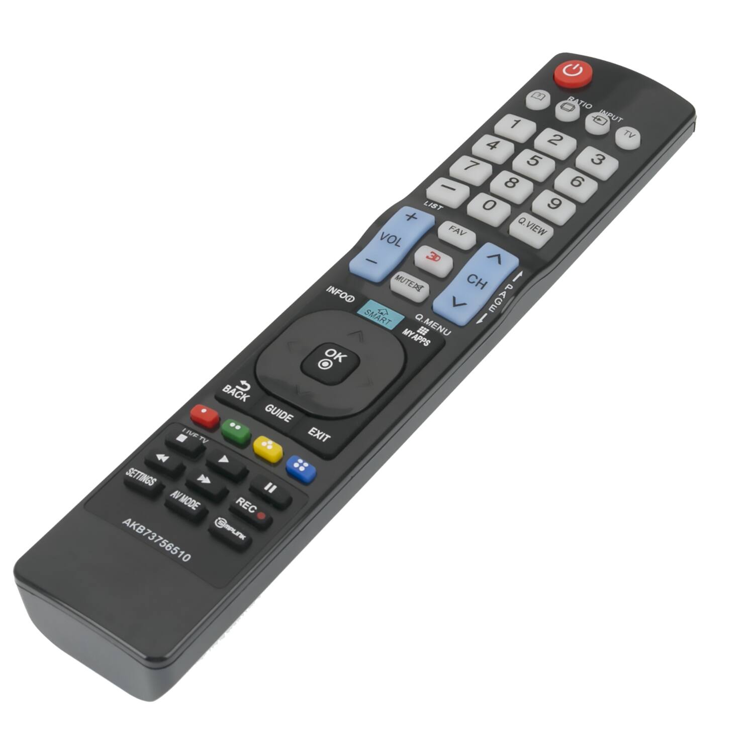 Sure, here is the corrected and grouped text from the image:

**Top Section:**
- RATIO
- INPUT
- TV
- 1 2 3
- 4 5 6
- 7 8 9
- 0
- LIST
- FAV
- VOL
- CH
- Q.VIEW
- MUTE
- MENU
- MYAPPS
- OK
- BACK
- GUIDE
- EXIT
- TV SETTINGS
- AI MODE
- REC

**Middle Section:**
- INFO
- SMART
- PAGE
- G

**Bottom Section:**
- BACK
- GUIDE
- EXIT
- FREE TV
- SETTINGS
- AI MODE
- REC
- AKB73756510
- GaLEH
- LK 10

**Additional:**
- VOL
- CH
- MUTE
- Q.MENU
- MYAPPS
- OK
- INFO
- SMART
- PAGE
- G