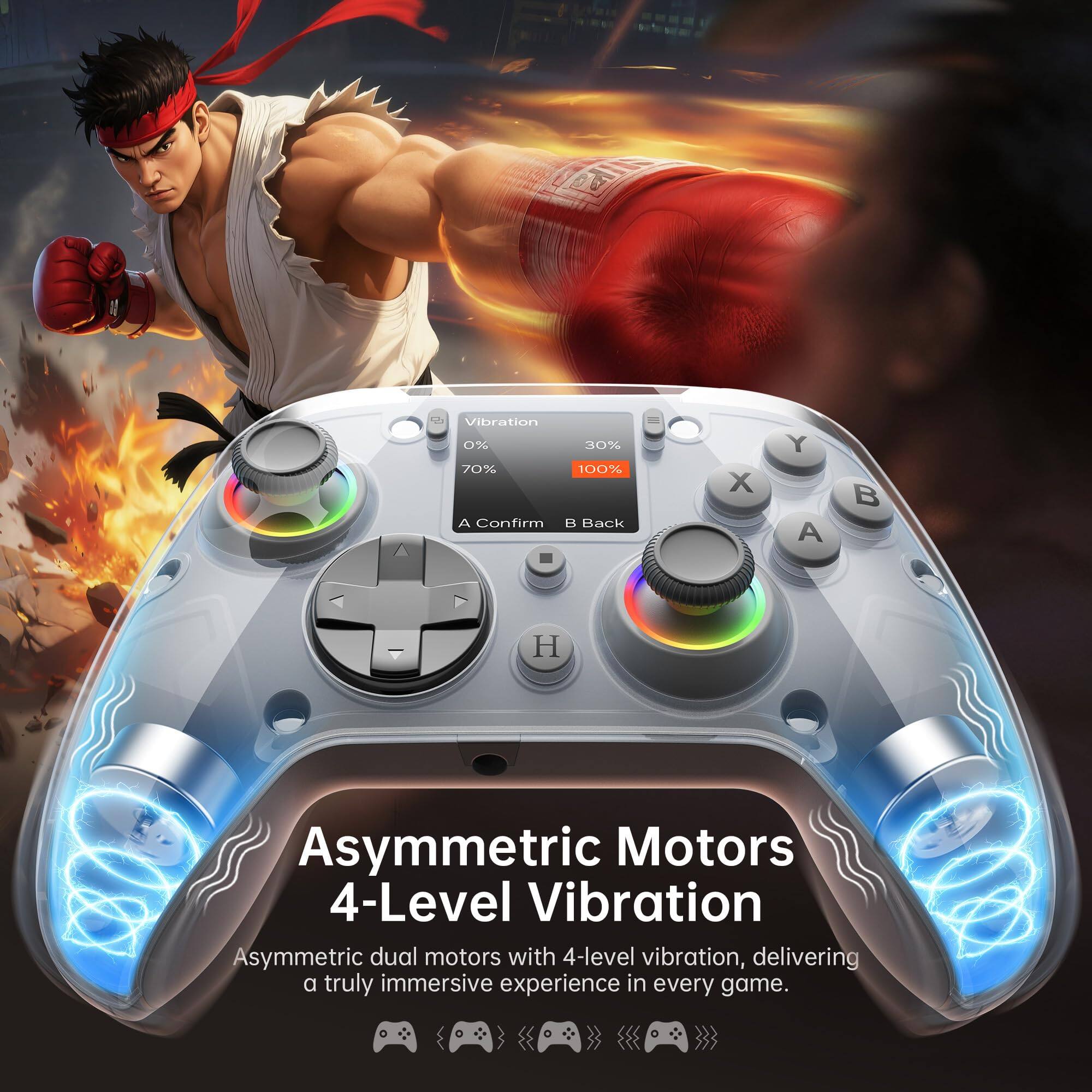 Asymmetric Motors  
4-Level Vibration  

Asymmetric dual motors with 4-level vibration, delivering a truly immersive experience in every game.  

Vibration  
0% 30% 70% 100%  

A Confirm  
B Back  
X Y  
A B  
H