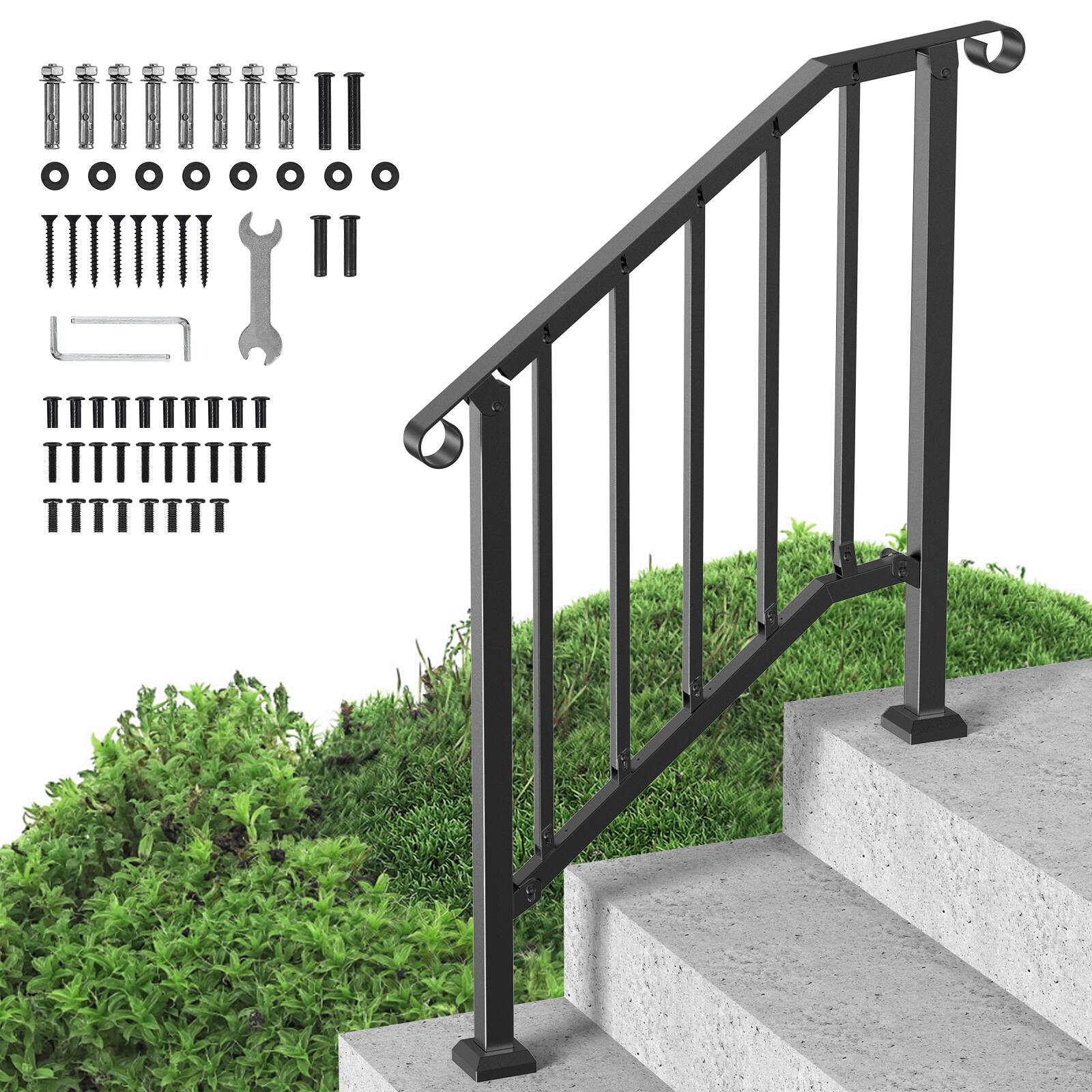 VEVOR - Handrails for Outdoor Steps, 2-3 Step Stair Hand Rail Kit, Transitional Carbon Steel Railings with Installation Kit - Black