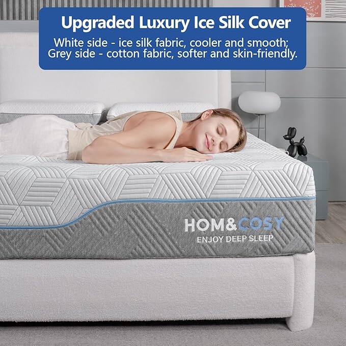 Upgraded Luxury Ice Silk Cover: White side - ice silk fabric, cooler and smooth; Grey side - cotton fabric, softer and skin-friendly. HOM & COSY ENJOY DEEP SLEEP