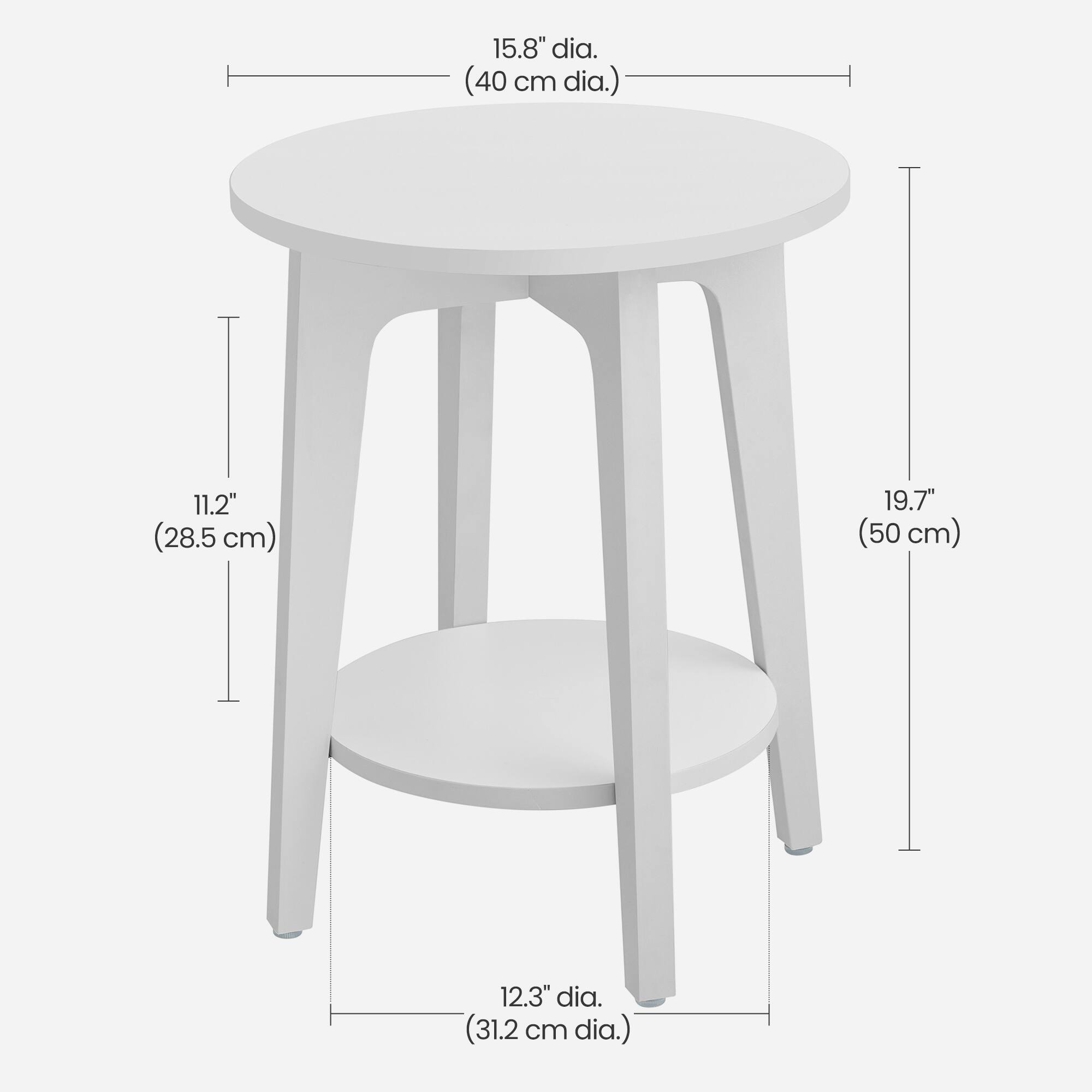 15.8" dia. (40 cm dia.)  
11.2" (28.5 cm)  
19.7" (50 cm)  
12.3" dia. (31.2 cm dia.)