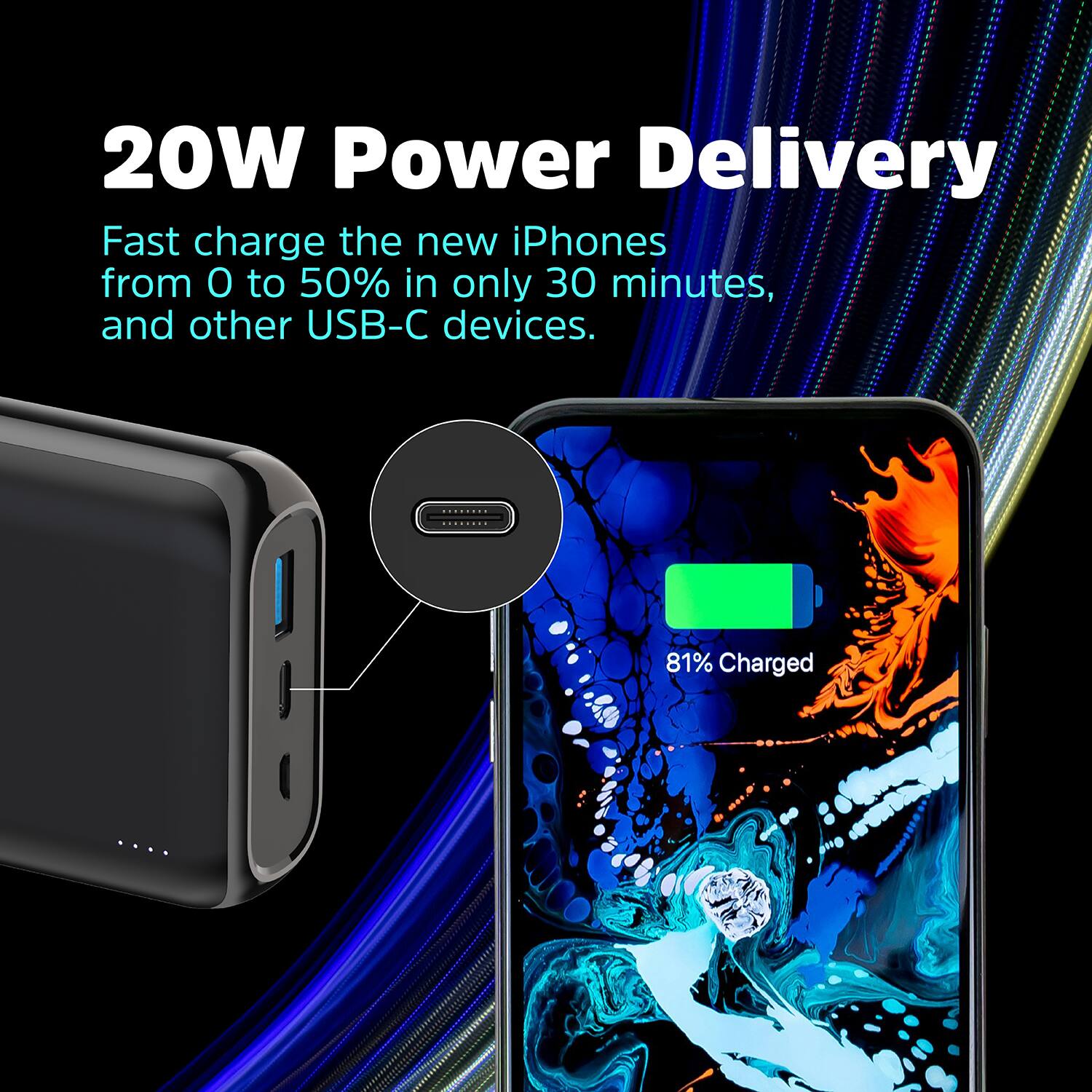 20W Power Delivery
Fast charge the new iPhones from 0 to 50% in only 30 minutes, and other USB-C devices.
81% Charged