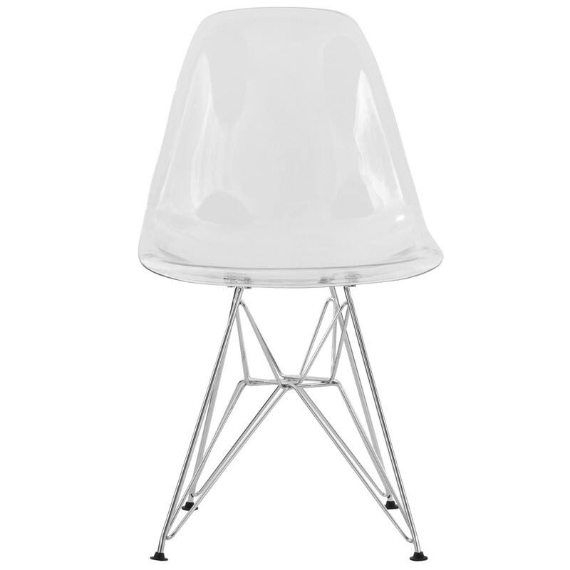 Left. LeisureMod - Cresco 2-Pieces Acrylic Dining Chair with Curved Back and Chrome Eiffel Legs - Clear.