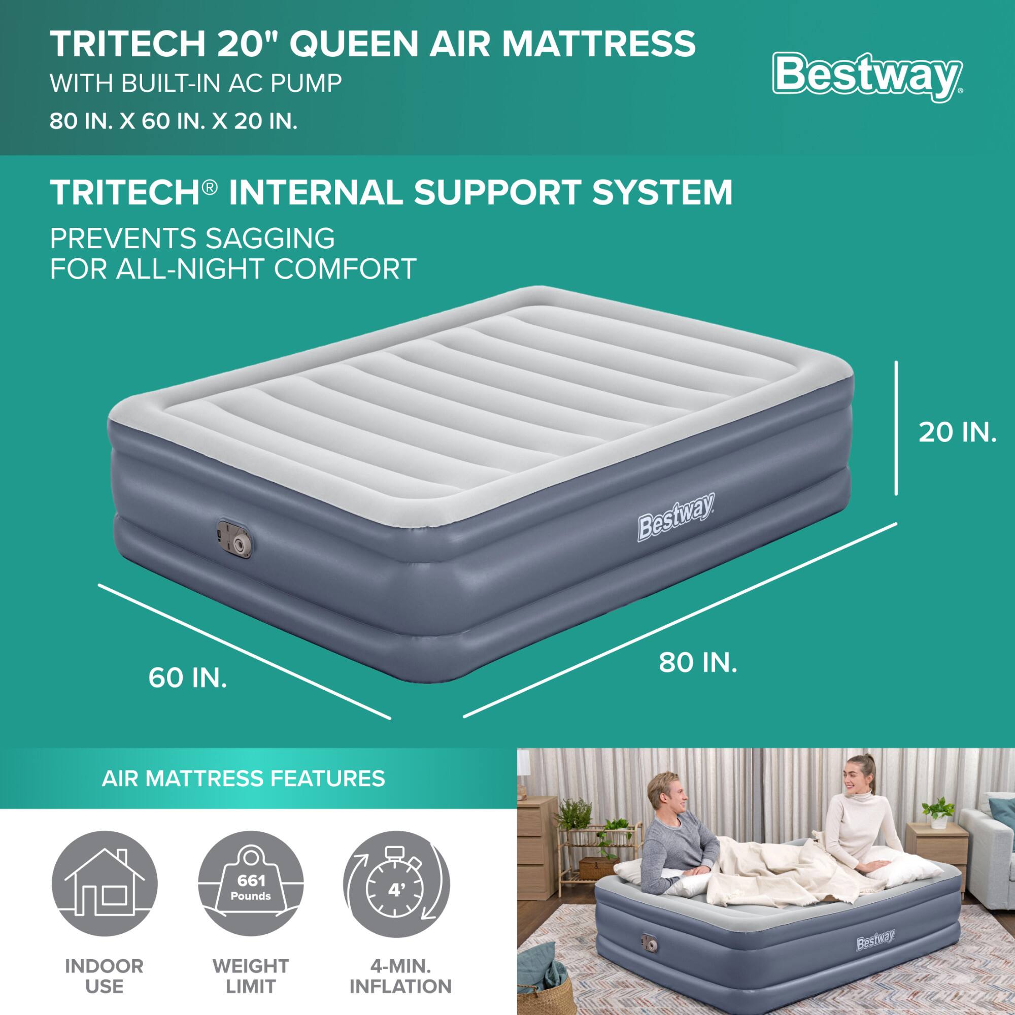 TRITECH 20" QUEEN AIR MATTRESS WITH BUILT-IN AC PUMP  
80 IN. X 60 IN. X 20 IN.  

TRITECH® INTERNAL SUPPORT SYSTEM  
PREVENTS SAGGING FOR ALL-NIGHT COMFORT  

AIR MATTRESS FEATURES  
- INDOOR USE  
- WEIGHT LIMIT: 661 Pounds  
- 4-MIN. INFLATION  

Bestway