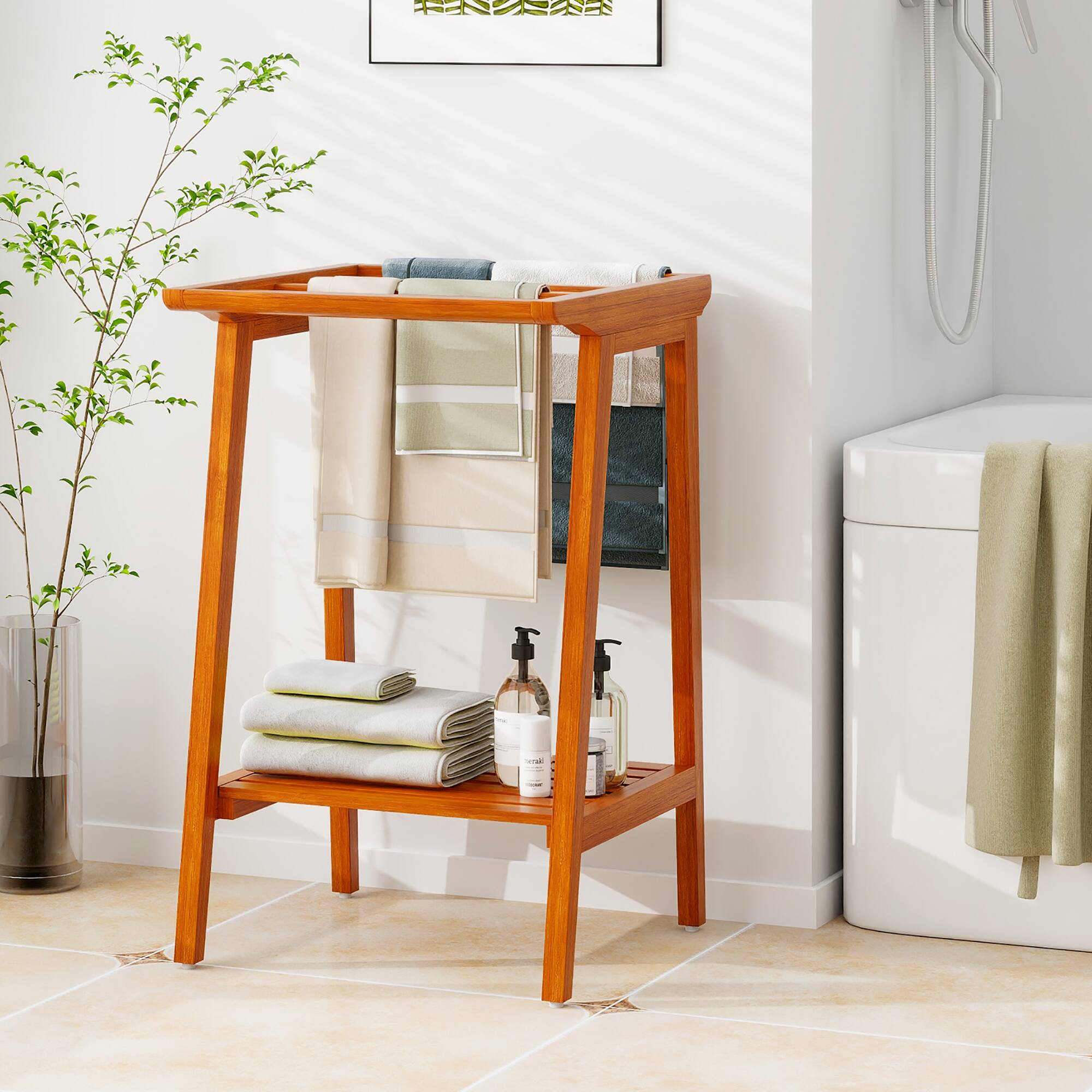 Alt View 4. Gymax - Gymax Freestanding Towel Rack for Bathroom w/ Storage Shelf for Poolside Living Room - Natural.
