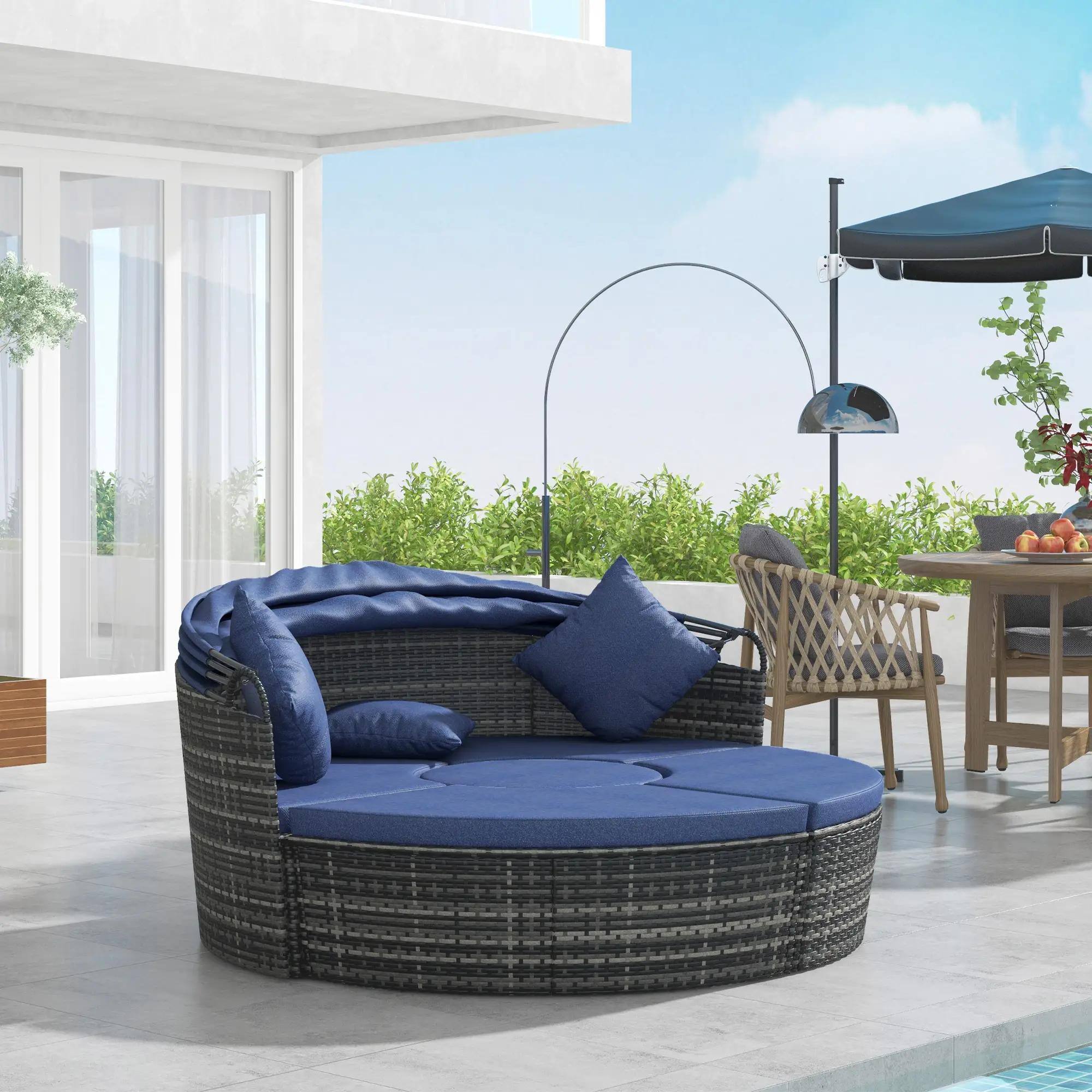Alt View 6. Spaco - Spaco 4PCS Rattan Furniture Set, Round Convertible Patio Daybed or Sunbed - Dark Blue.