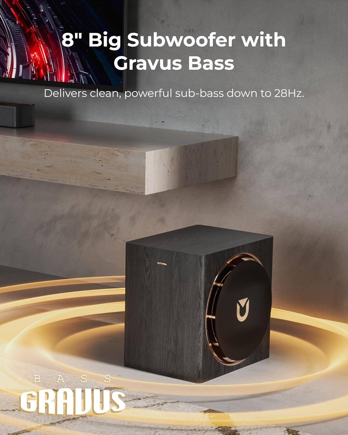 8" Big Subwoofer with Gravus Bass  
Delivers clean, powerful sub-bass down to 28Hz.  

BASS GRAVUS