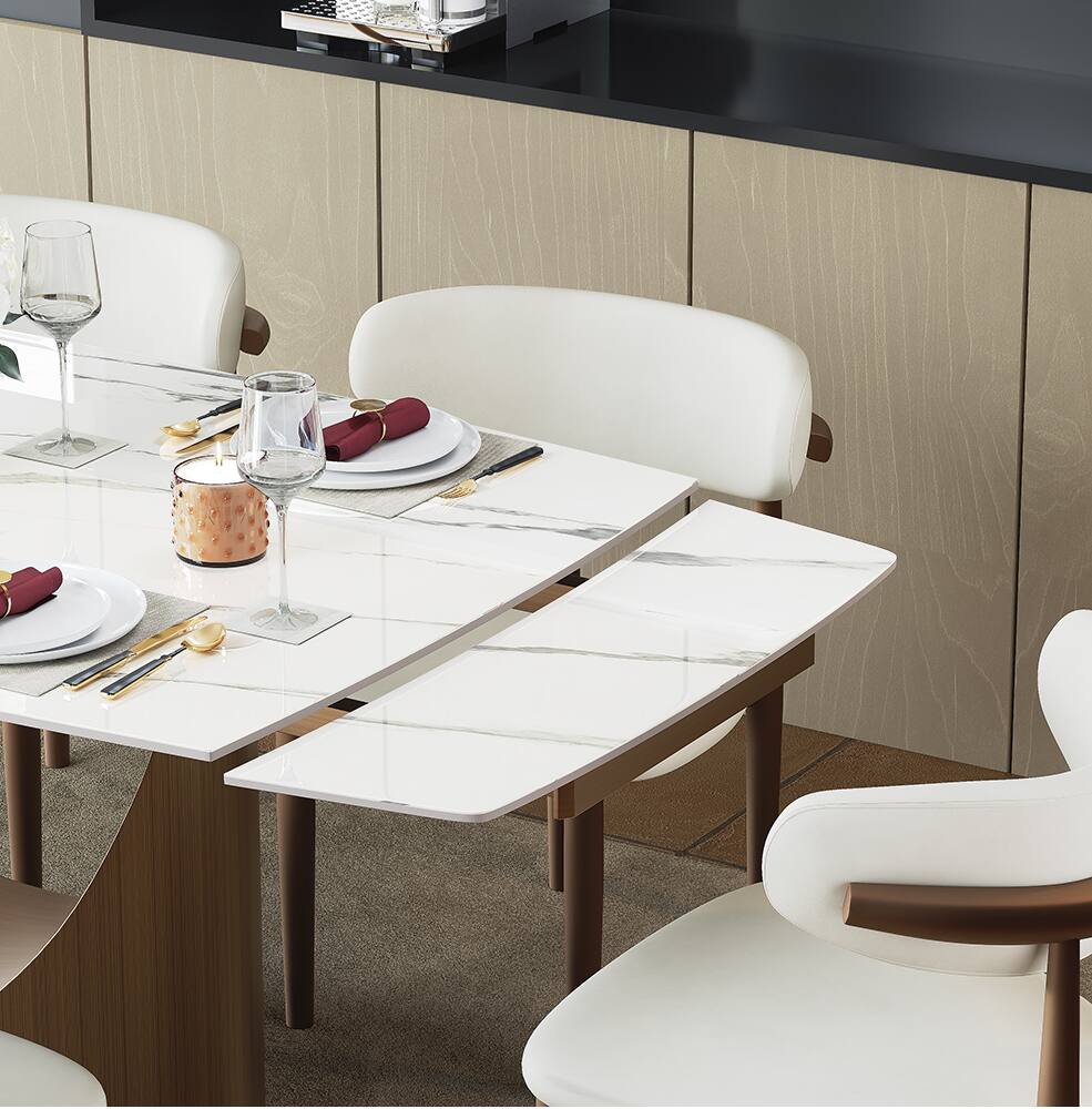Alt View 9. POVISON - 55"-79"Extendable Modern White Dining Table for 6-10,Rectangular Glossy Sintered Stone Tabletop,Bronze Carbon Steel Leg - Glossy White Sintered Stone with Bronze.