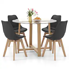Gymax - 5 PCS Dining Table Set for 4 w/ Solid Wood Legs Tempered Glass Tabletop Modern Black - Natural, Black, Transparent