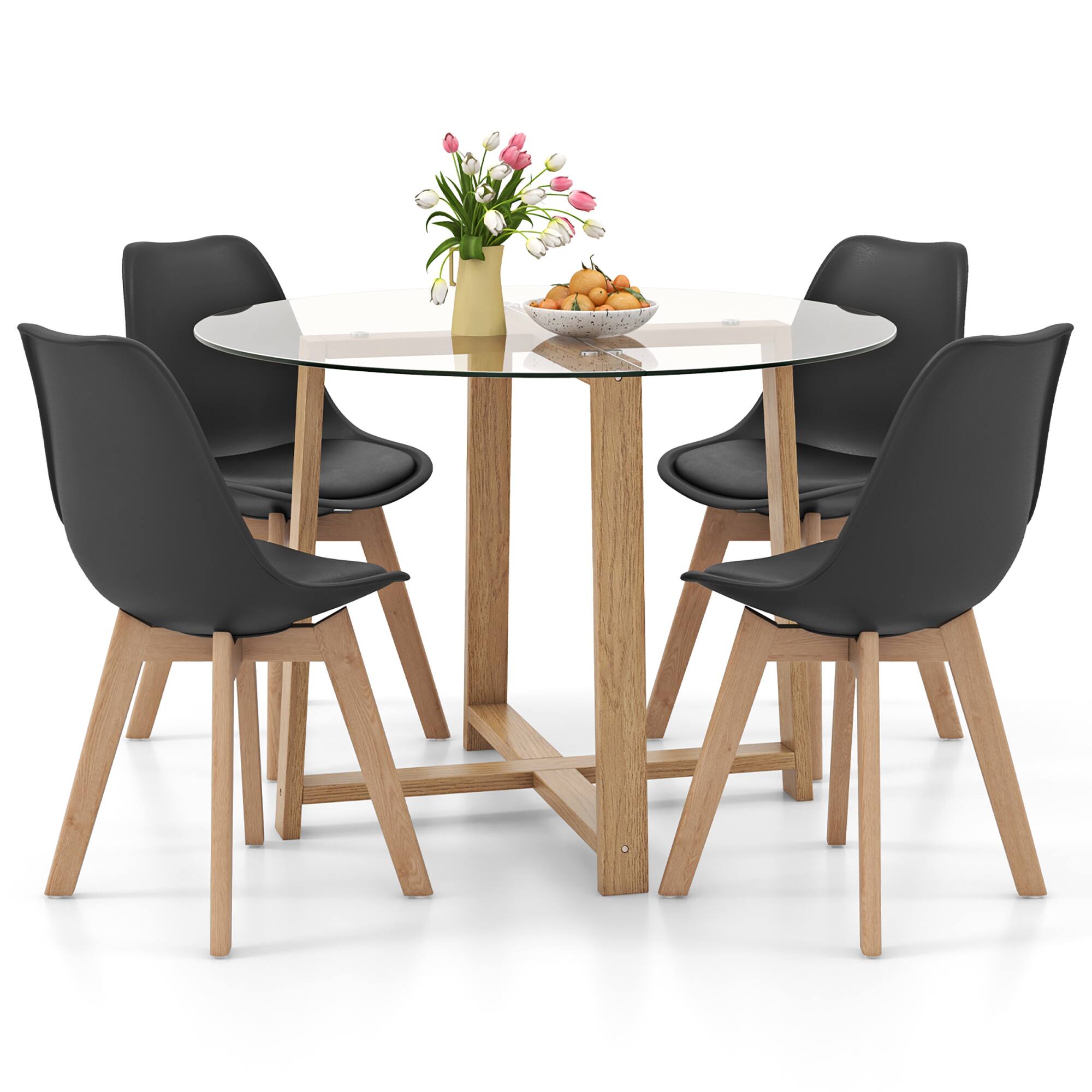Front. Gymax - Gymax 5 PCS Dining Table Set for 4 w/ Solid Wood Legs Tempered Glass Tabletop Modern Black - Natural, Black, Transparent.