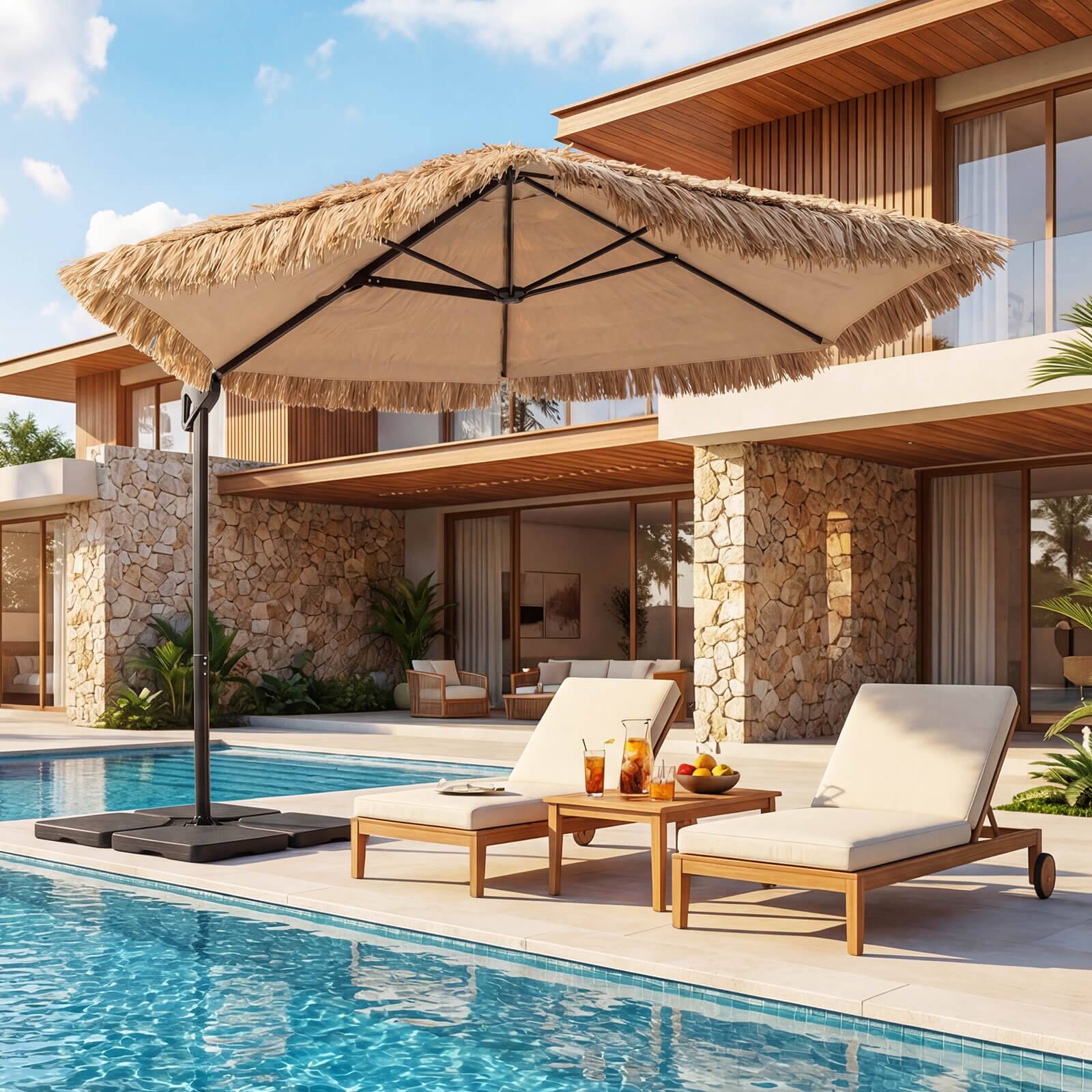 Alt View 3. Costway - Costway 9.5 FT Cantilever Tiki Patio Umbrella Set with 220 LBS Fillable Base for Garden - Natural + Black.