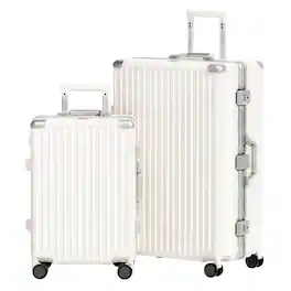 Brick Attic - 2 Piece Luggage Sets Aluminum Frame Carry On and Checked Suitcase PC ABS Hard Shell TSA Lock No Zipper - White