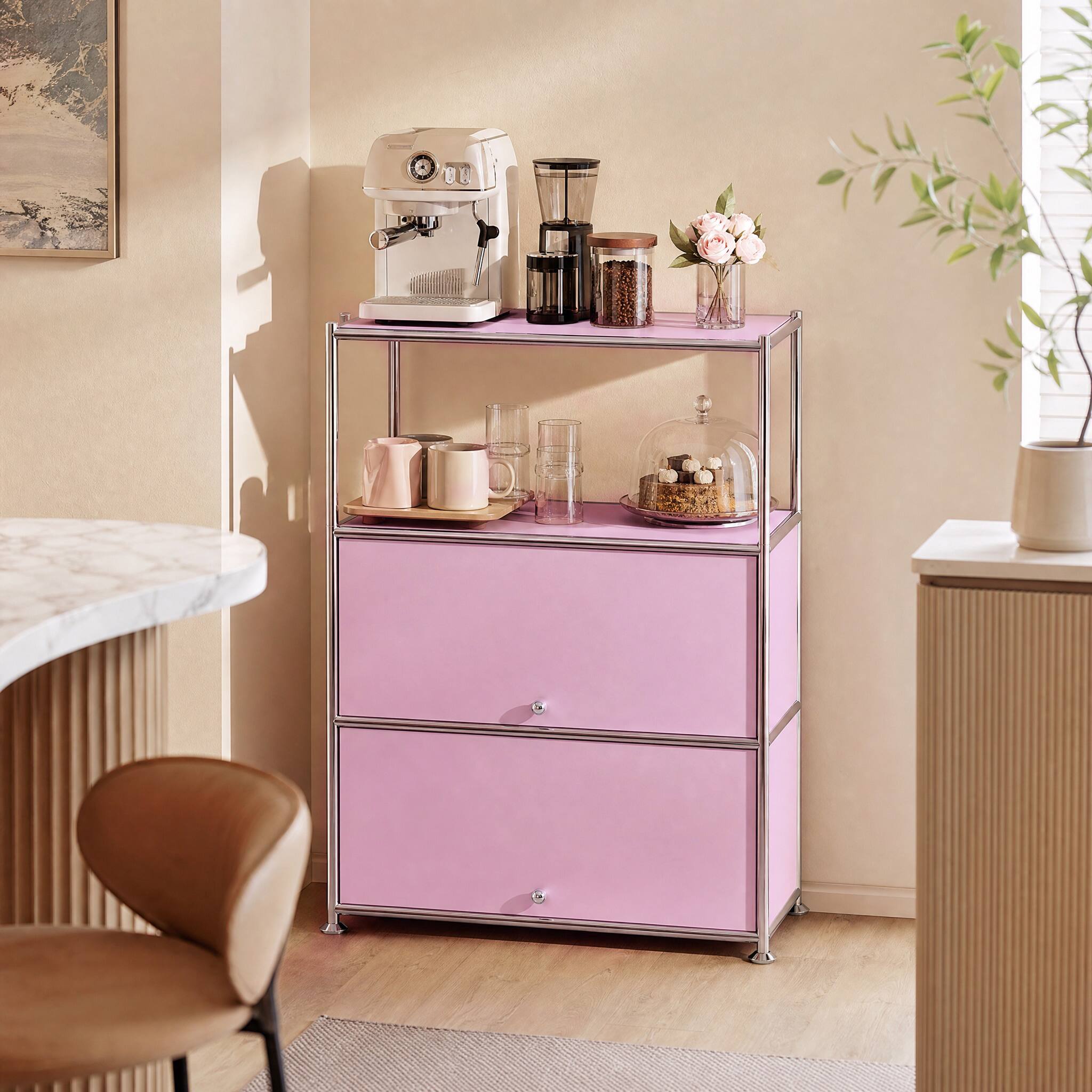 Malletson - Modern 3-Tier Modular Metal Sideboard, Storage Cabinet with 2 Drop-Down Doors for Home Office & Coffee Bar - Pink