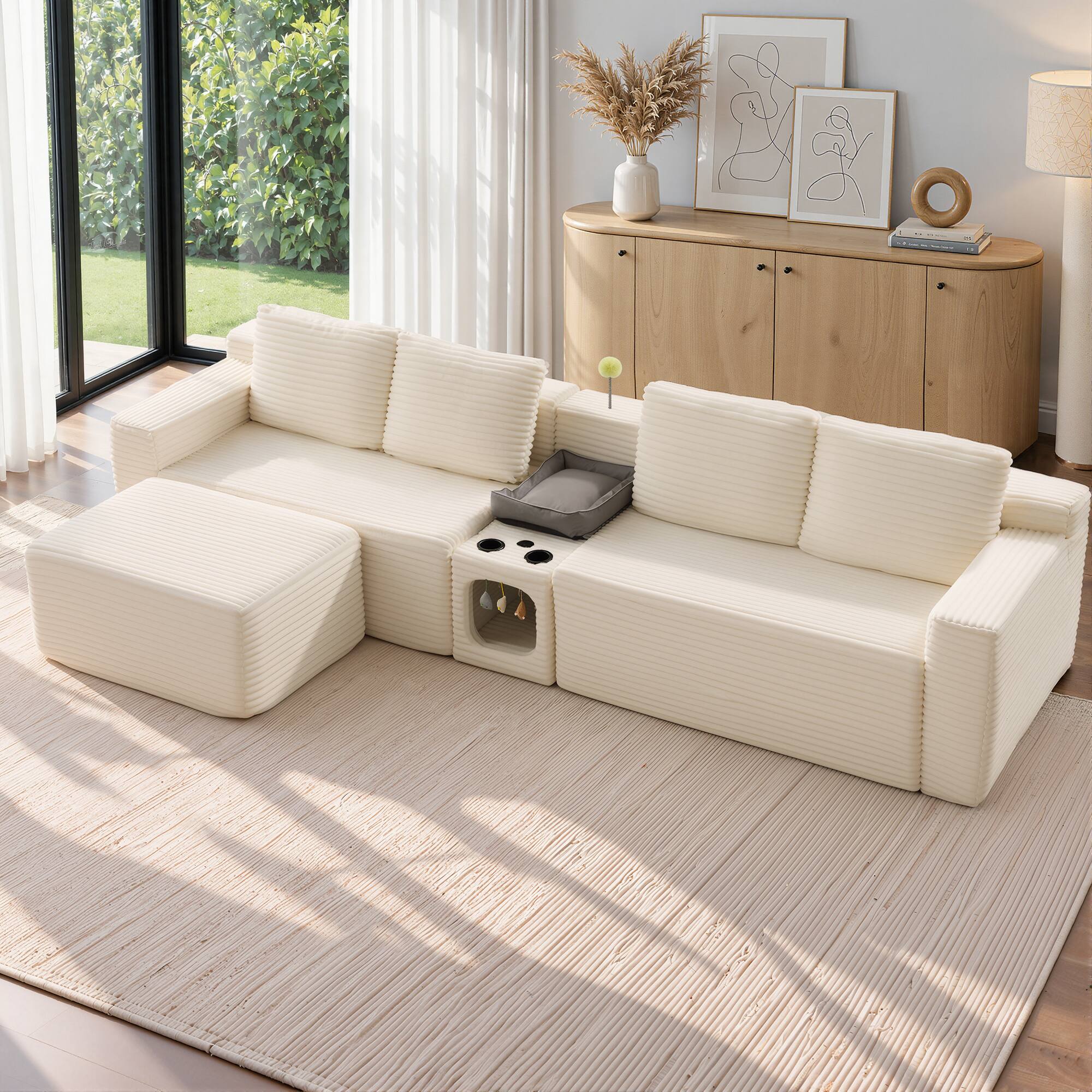 Alt View 1. Meqiodas - 118" Corduroy Boneless Couch, Modular Sectional Sofa, with 1 Ottoman, Cat House Design, Storage & Cup Holders - Beige.