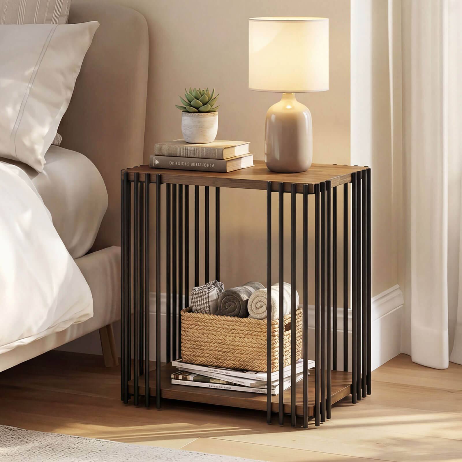 Alt View 3. Costway - Costway 2 PCS Rubber Wood Side Table with 2-Layer Storage Shelves Metal Frame for Bedroom - Walnut,Black.