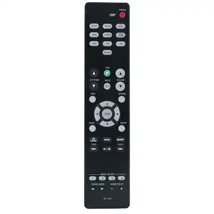POWER SLEEP CBLSA Blu-ray DVD BT8 CLAMIE TV AUDIC AICT PLAYER LESS AM FM Rueloom ECO CH/PAGE MUTE VOLUME INFO OPTION A ENTEN BACK Y SETUP CH LEVEL TUNE MODE MEMORY TUNE + '" H QUICK SELECT 1 2 3 4 SOUND MODE AUDIO DELAY - + RC-1216