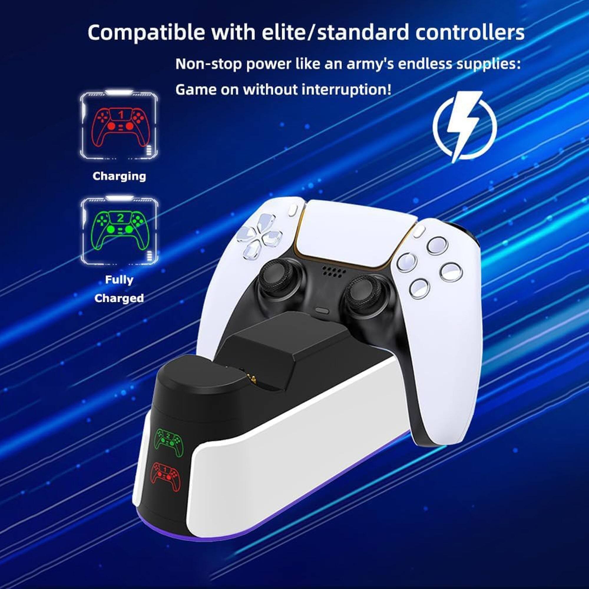Compatible with elite/standard controllers  
Non-stop power like an army's endless supplies: Game on without interruption!  

1. Charging  
2. Fully Charged