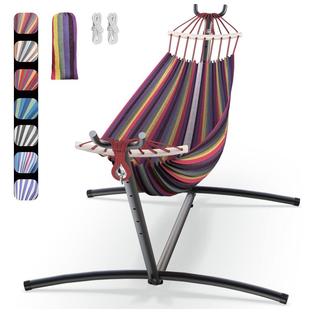 Left. Mastgoal - Heavy-Duty Steel Stand Double Hammock: Portable, Easy Assembly, 600lbs Capacity. - Rainbow.