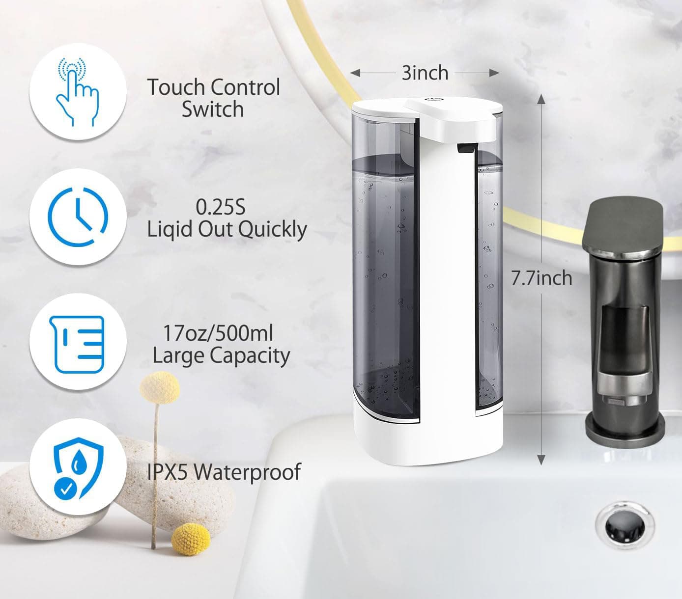 Touch Control Switch  
3inch  
0.25S Liquid Out Quickly  
7.7inch  
17oz/500ml Large Capacity  
IPX5 Waterproof