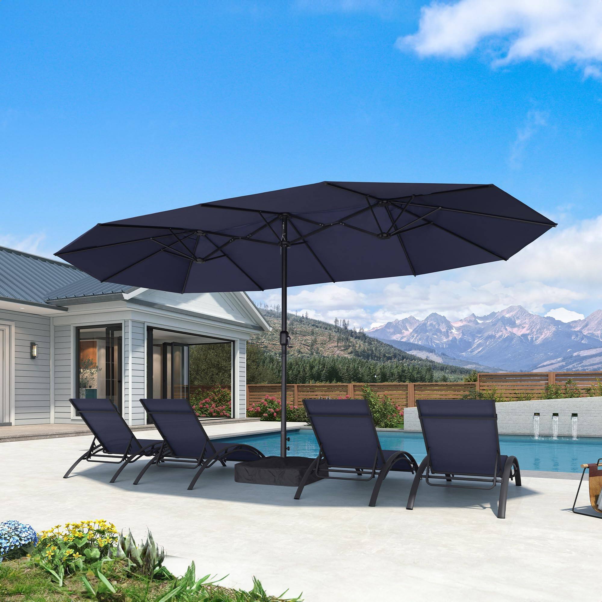 Alt View 1. PURPLE LEAF - 15 ft. Patio Market Umbrella with Base Double-Sided Outdoor Table Sun Umbrellas with Crank for Pool Beach Deck Backyard - Navy Blue.