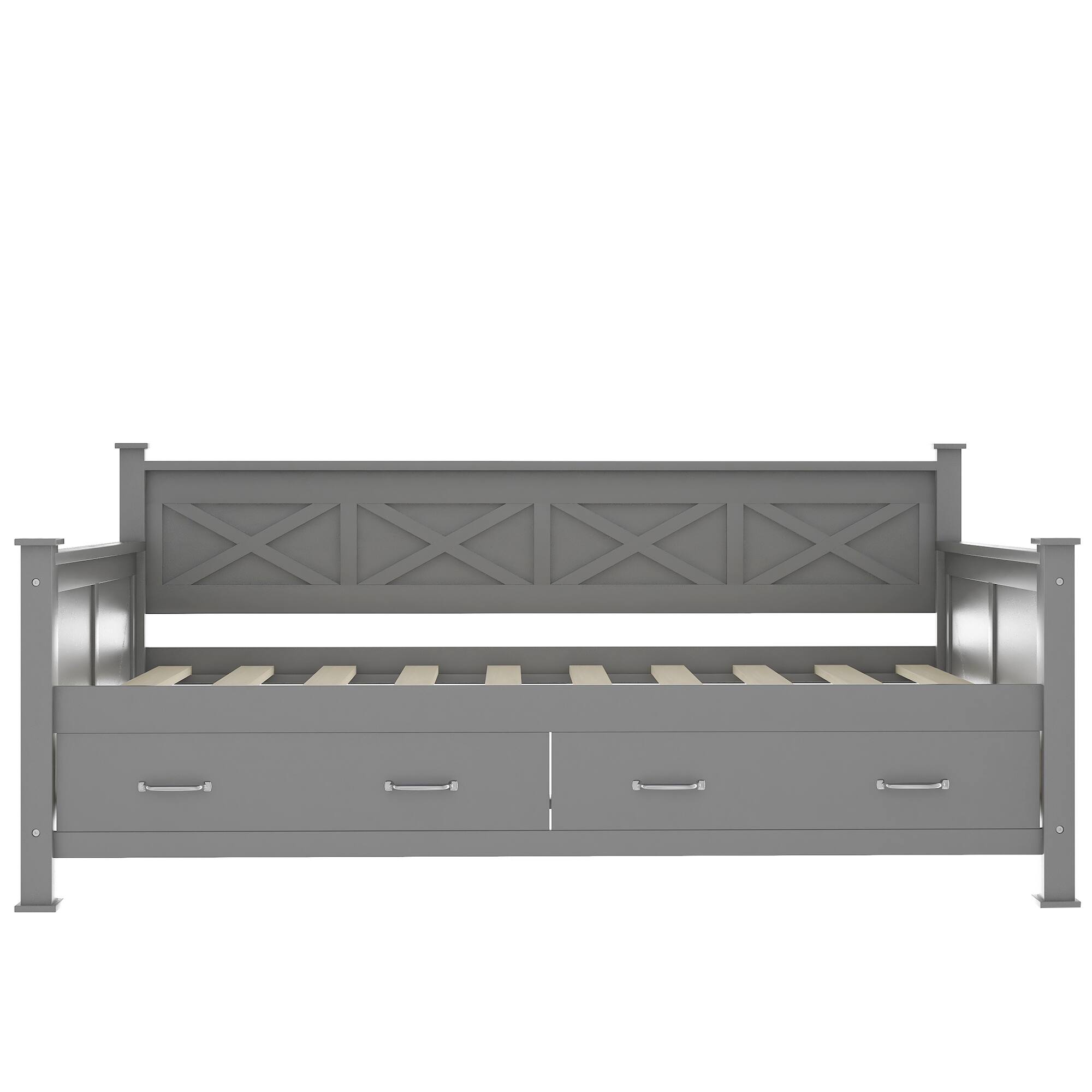 Alt View 6. Tiramisubest - Twin Size Daybed with 2 Large Drawers, X-shaped Frame, Modern and Rustic Casual Style Daybed, Gray - Gray.