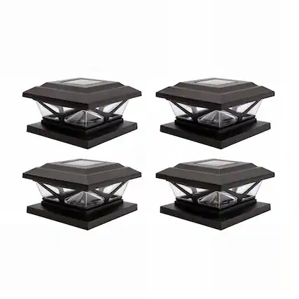 Front. Home Zone Security - Home Zone Security ELI1703V 4 Pack Crown Solar Post Cap Light, 3000K 5000K Adjustable, Dusk to Dawn, Black Finish.