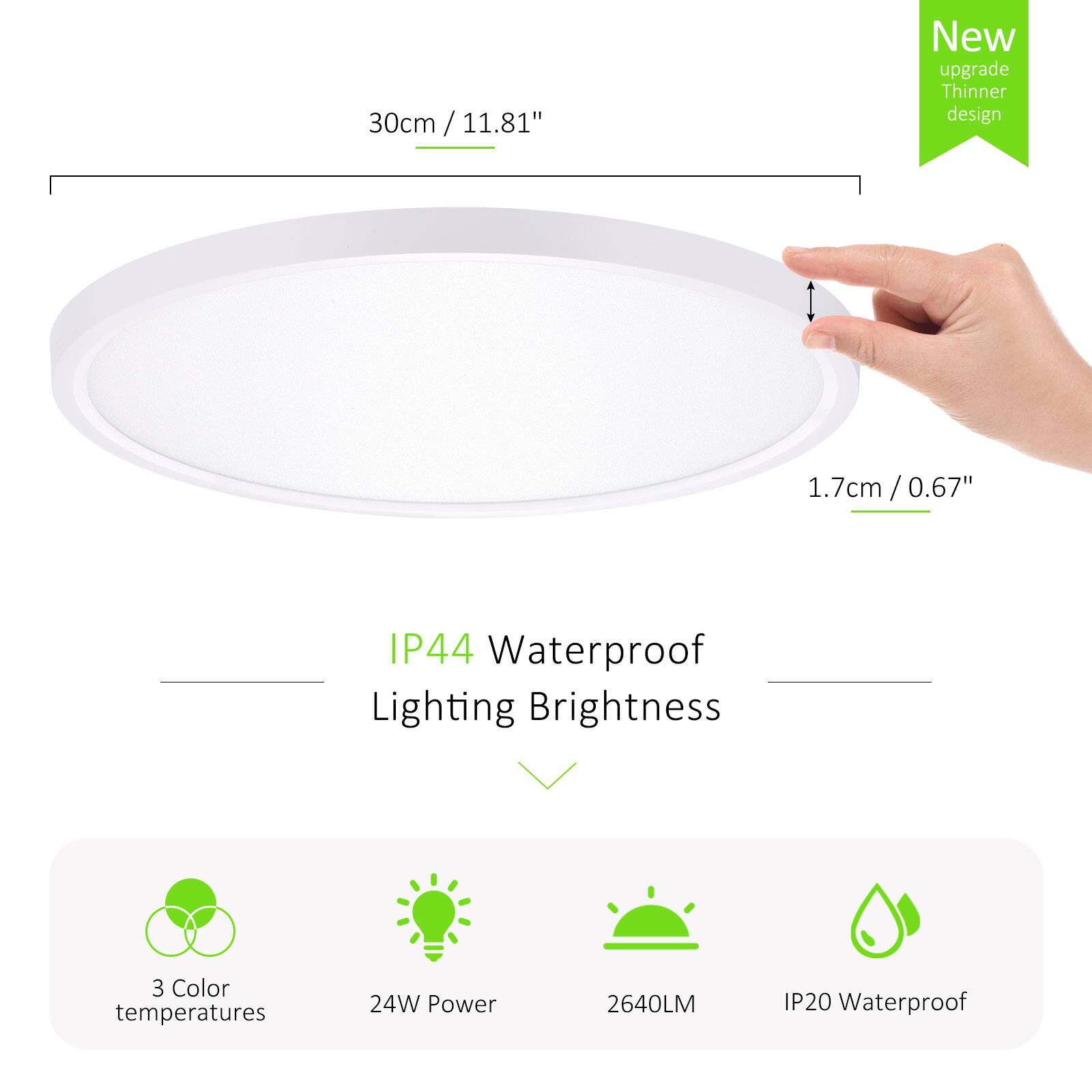 30cm / 11.81"  
New upgrade Thinner design 1.7cm / 0.67"  
IP44 Waterproof  
Lighting Brightness  
3 Color temperatures  
24W Power  
2640LM  
IP20 Waterproof