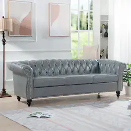 Anysun - 84" Faux Leather 3-Seat Chesterfield Sofa - Rolled Arm, Deep Seating, Button Tufted for Living Room & Office - Gray