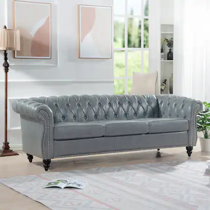 Front. Anysun - 84" Faux Leather 3-Seat Chesterfield Sofa - Rolled Arm, Deep Seating, Button Tufted for Living Room & Office - Gray.