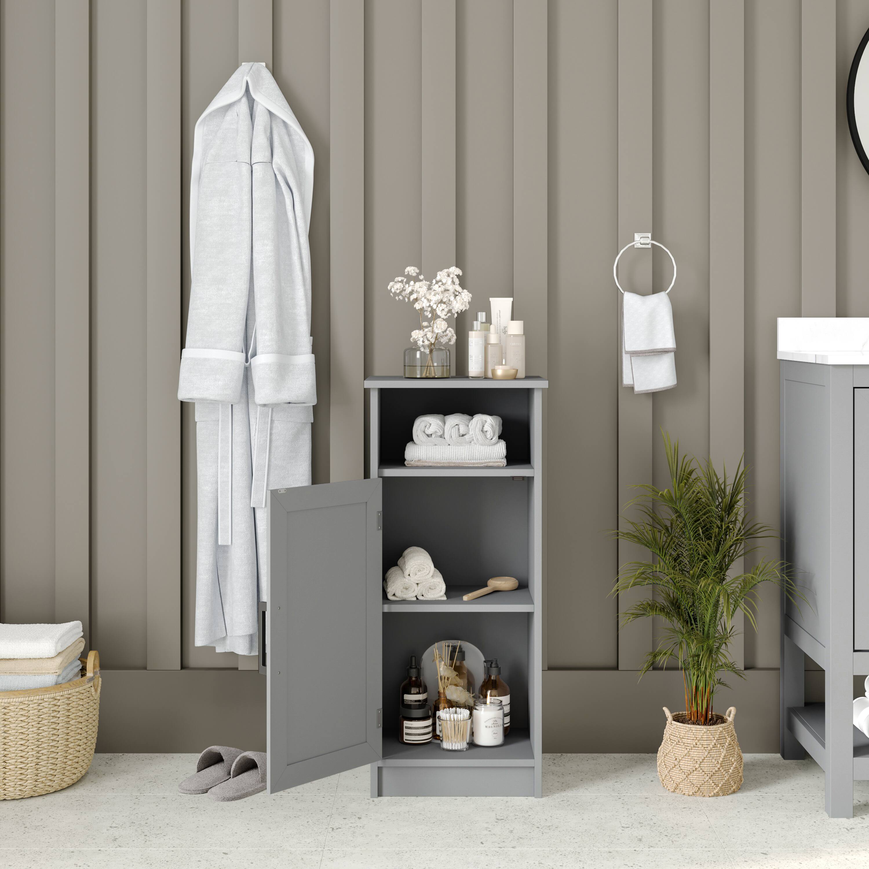 Alt View 3. Emma + Oliver - Vesta Bathroom Storage Cabinet Organizer with Adjustable In-Cabinet Shelf, Magnetic Closure Door, and Upper Open Shelf - Gray.