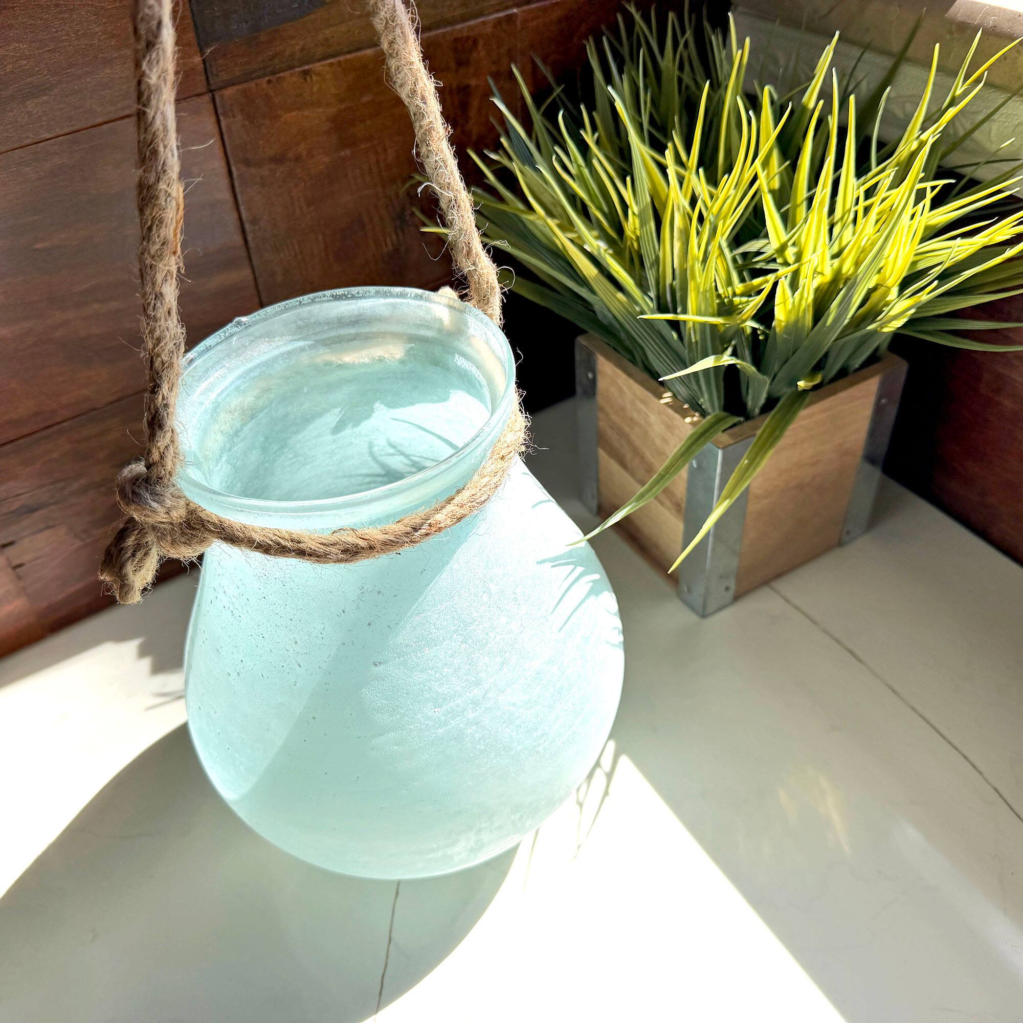 Alt View 7. India House Brass - India House Frosted Blue Glass Hanging Candle Lantern with Rope Handle, 15 In - Blue.