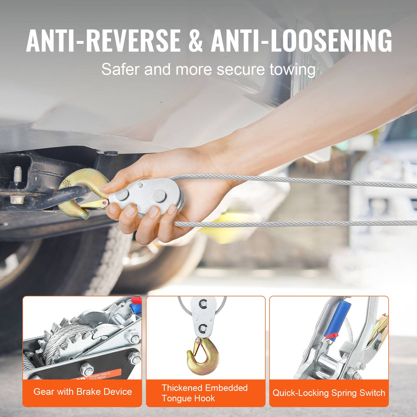 ANTI-REVERSE & ANTI-LOOSENING  
Safer and more secure towing  

- Gear with Brake Device  
- Thickened Embedded Tongue Hook  
- Quick-Locking Spring Switch