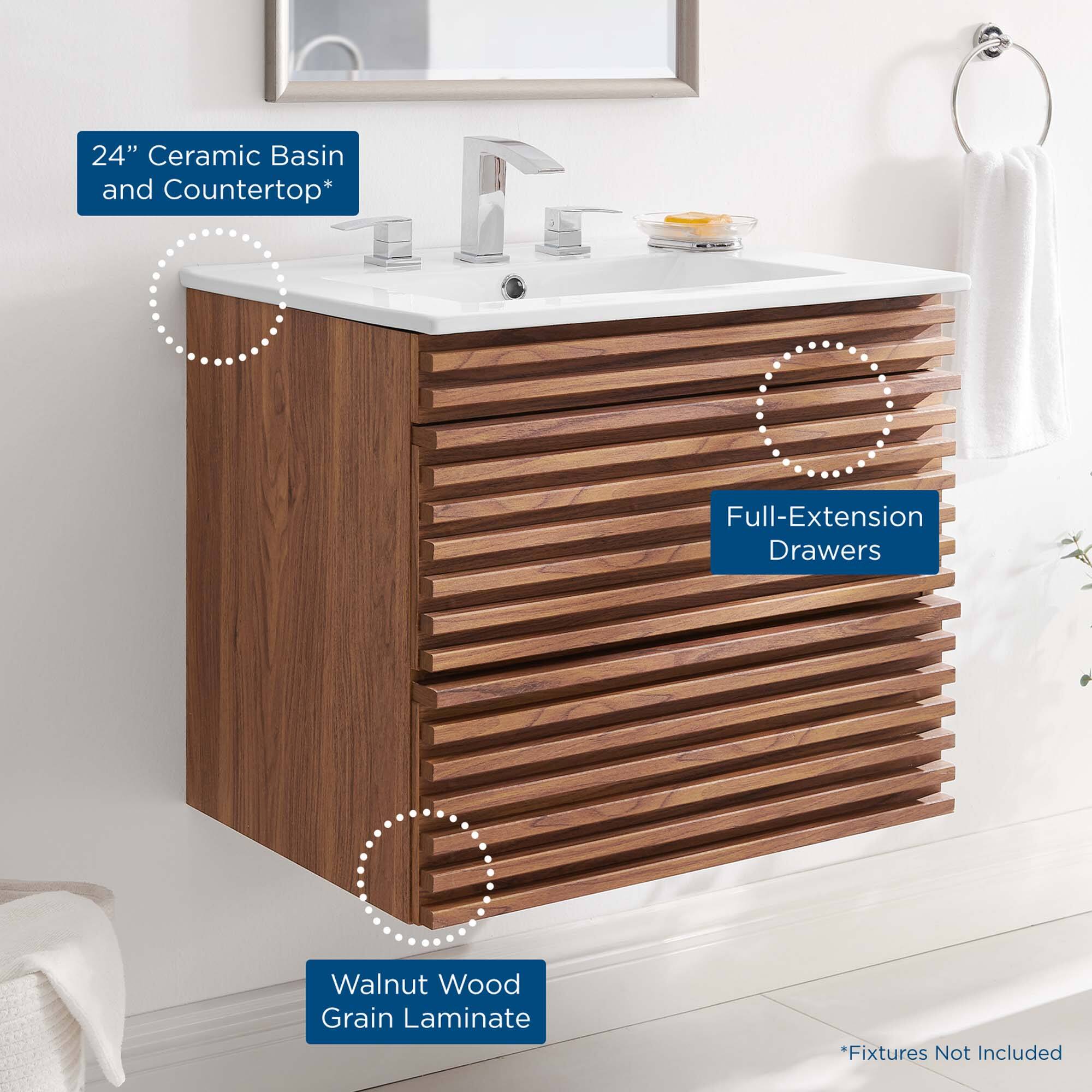 24" Ceramic Basin and Countertop*  
Full-Extension Drawers  
Walnut Wood Grain Laminate  
*Fixtures Not Included
