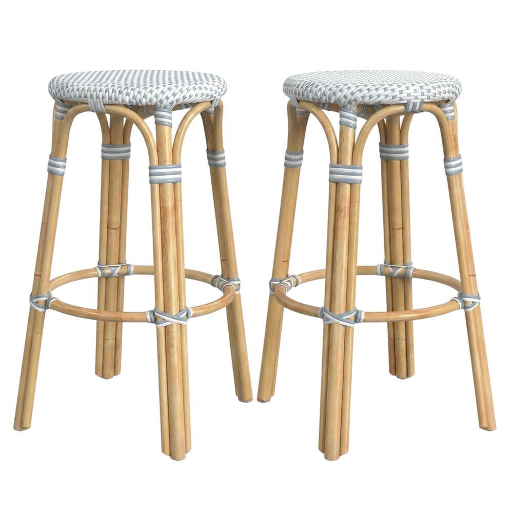 Angle. Butler Specialty - Tobias Round Rattan 30" Bar Stool, White and Sky Blue Dot - White And Sky Blue Dot.