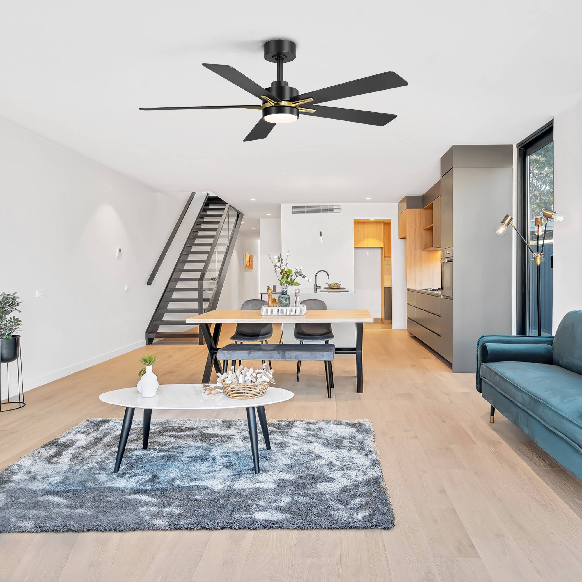 Back. Breezary - 52-Inch Indoor LED Ceiling Fan with 5 Plywood Blades, DC Motor, 5/10'' Downrods, Remote Control, Reversible, for Bedroom - Gold and Black.