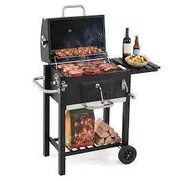Gymax - Charcoal Grill w/ Wheels Portable BBQ Grill w/ Adjustable Charcoal Tray - Black