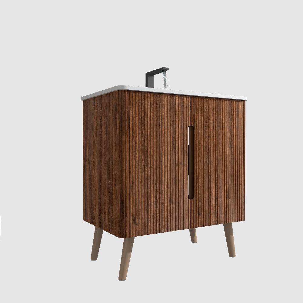 Alt View 3. Loheer - Loheer 30 inch freestanding bathroom vanity Striped Walnut with Ceramic Sink - White, Walnut.