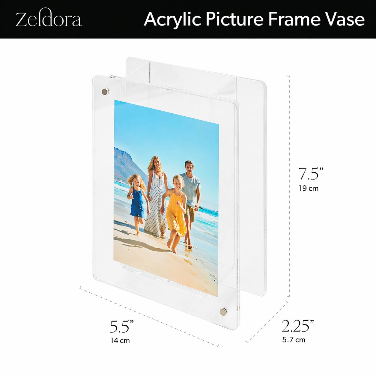 Zeldora Acrylic Picture Frame Vase  
7.5" 19 cm  
5.5" 14 cm  
2.25" 5.7 cm
