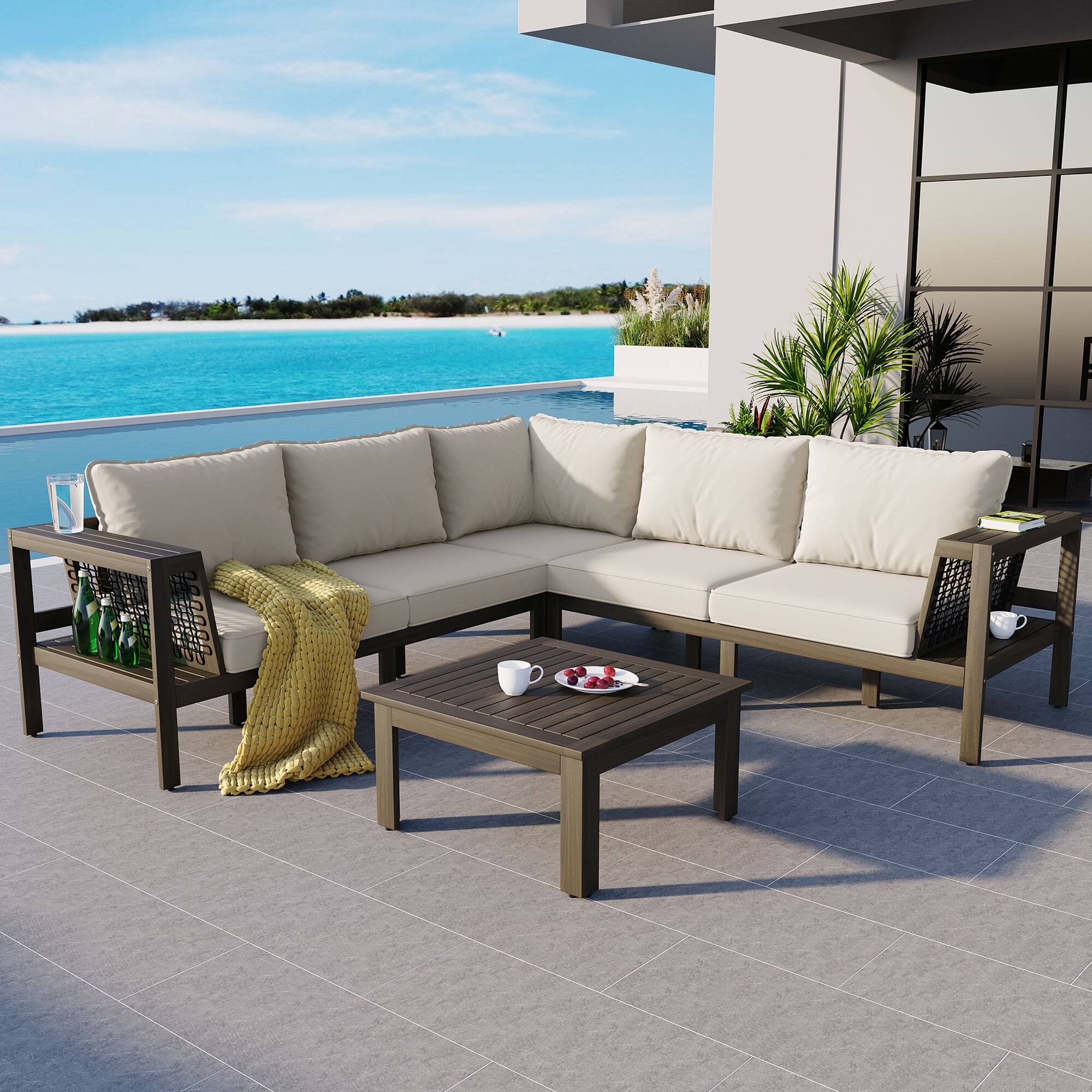 Back. Siljoy - 4-Piece L-Shaped Acacia Wood Patio Sofa Set, Mesh Armrests, Coffee & Side Tables, Beige Cushions - White.