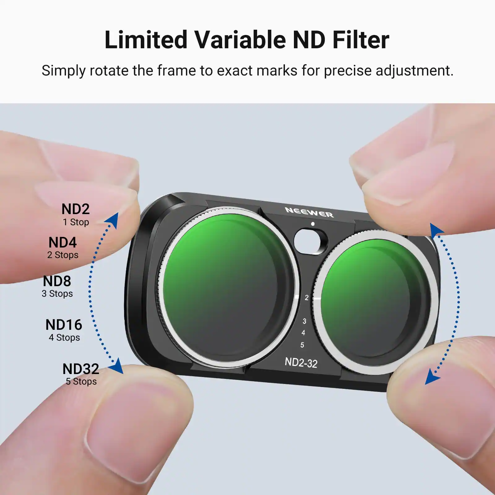 Limited Variable ND Filter  
Simply rotate the frame to exact marks for precise adjustment.  

ND2 1 Stop  
ND4 2 Stops  
ND8 3 Stops  
ND16 4 Stops  
ND32 5 Stops  

NEEWER  
ND2-32