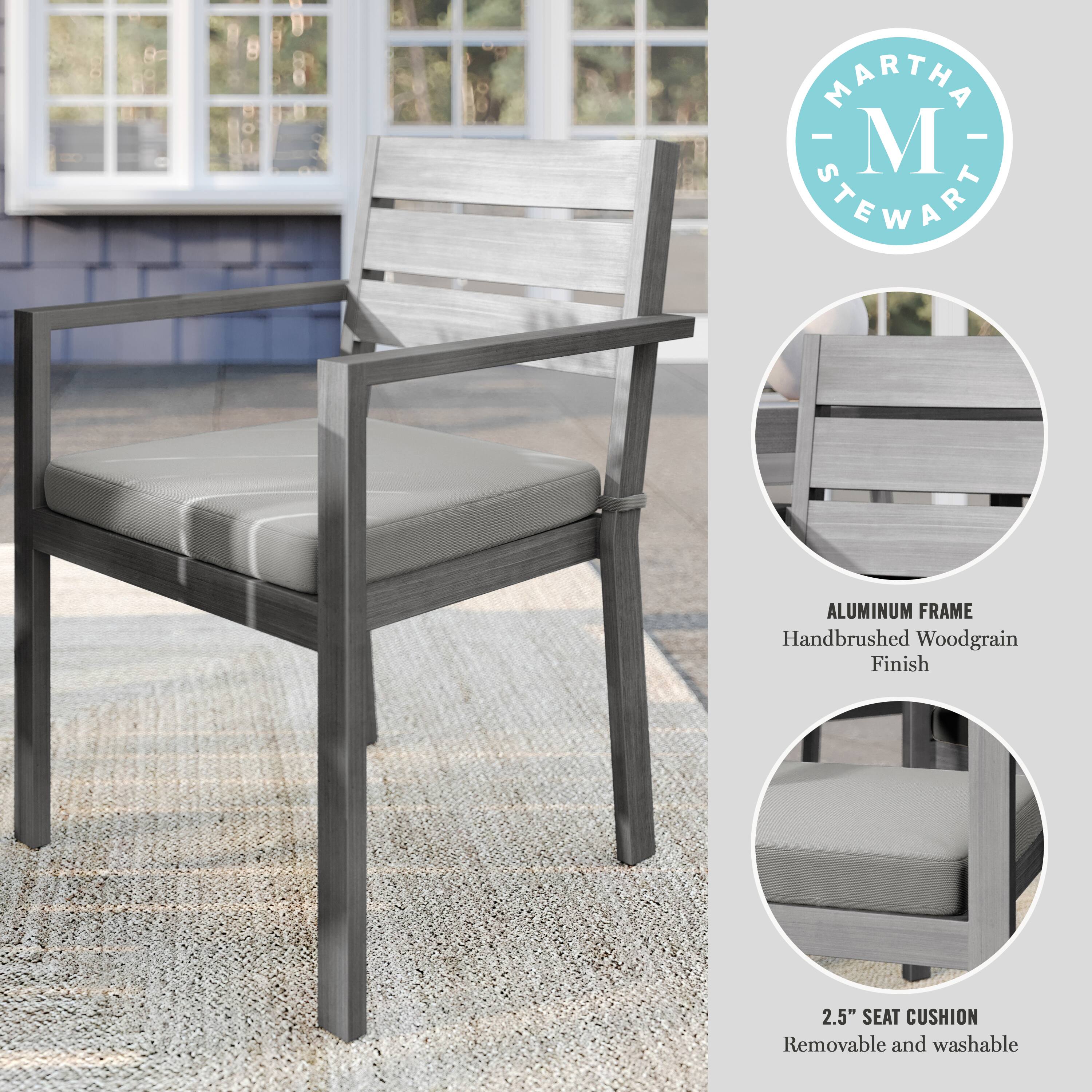 The text on the image reads: "Martha Stewart Aluminum Frame Handbrushed Woodgrain Finish 2.5" Seat Cushion Removable and washable."
