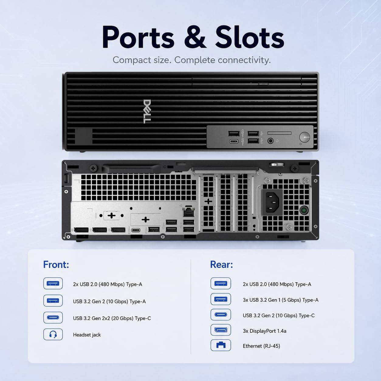 Ports & Slots  
Compact size. Complete connectivity.  

Front:  
- 2x USB 2.0 (480 Mbps) Type-A  
- USB 3.2 Gen 2 (10 Gbps) Type-A  
- USB 3.2 Gen 2x2 (20 Gbps) Type-C  
- Headset jack  

Rear:  
- 2x USB 2.0 (480 Mbps) Type-A  
- 3x USB 3.2 Gen 1 (5 Gbps) Type-A  
- USB 3.2 Gen 2 (10 Gbps) Type-C  
- 3x DisplayPort 1.4a  
- Ethernet (RJ-45)