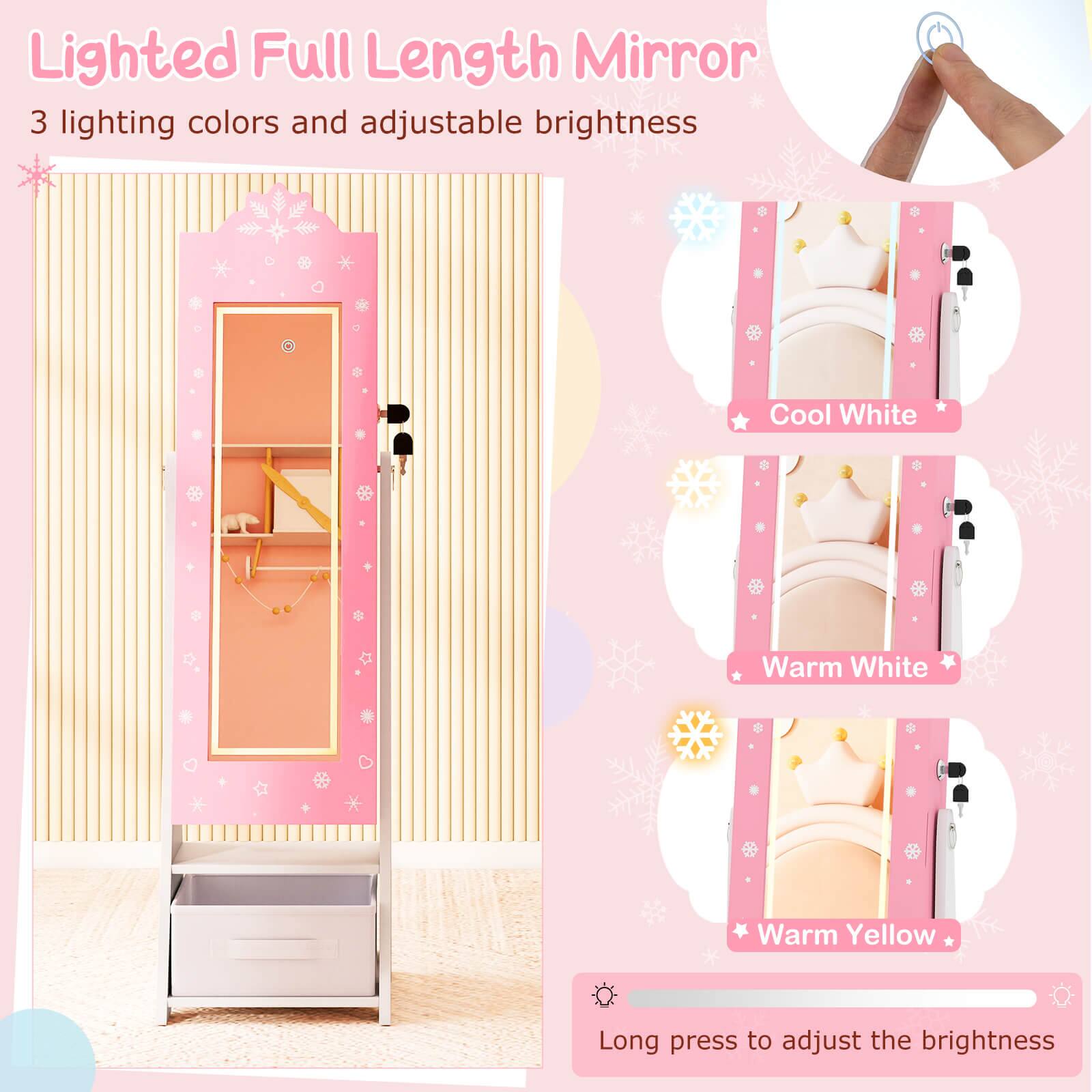 Lighted Full Length Mirror  
3 lighting colors and adjustable brightness  

Cool White  
Warm White  
Warm Yellow  

Long press to adjust the brightness