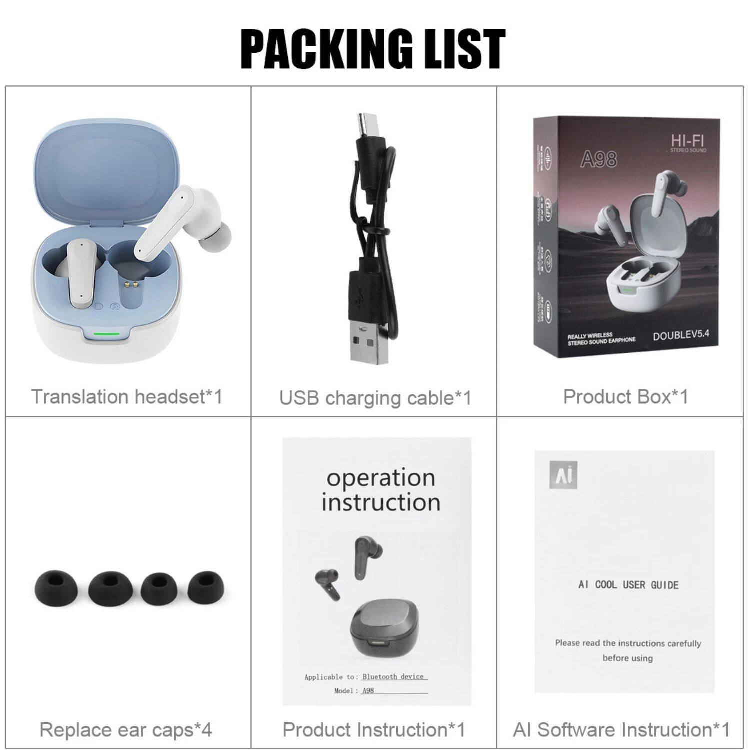 **PACKING LIST**

- Translation headset*1
- USB charging cable*1
- Product Box*1
- Operation instruction
- Replace ear caps*4
- Product Instruction*1
- AI Software Instruction*1

**AI COOL USER GUIDE**

Please read the instructions carefully before using

Applicable to Bluetooth device.

Model: A98