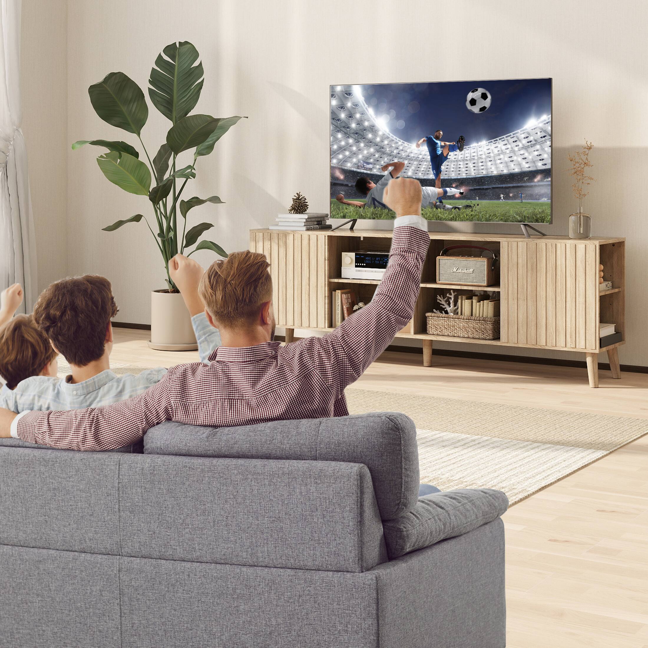 Alt View 2. Skyzoo - Skyzoo Mid-Century Modern TV Stand for up to 85" TVs, Media Console with Storage Cabinets & Open Shelves for Living Room - Oak.