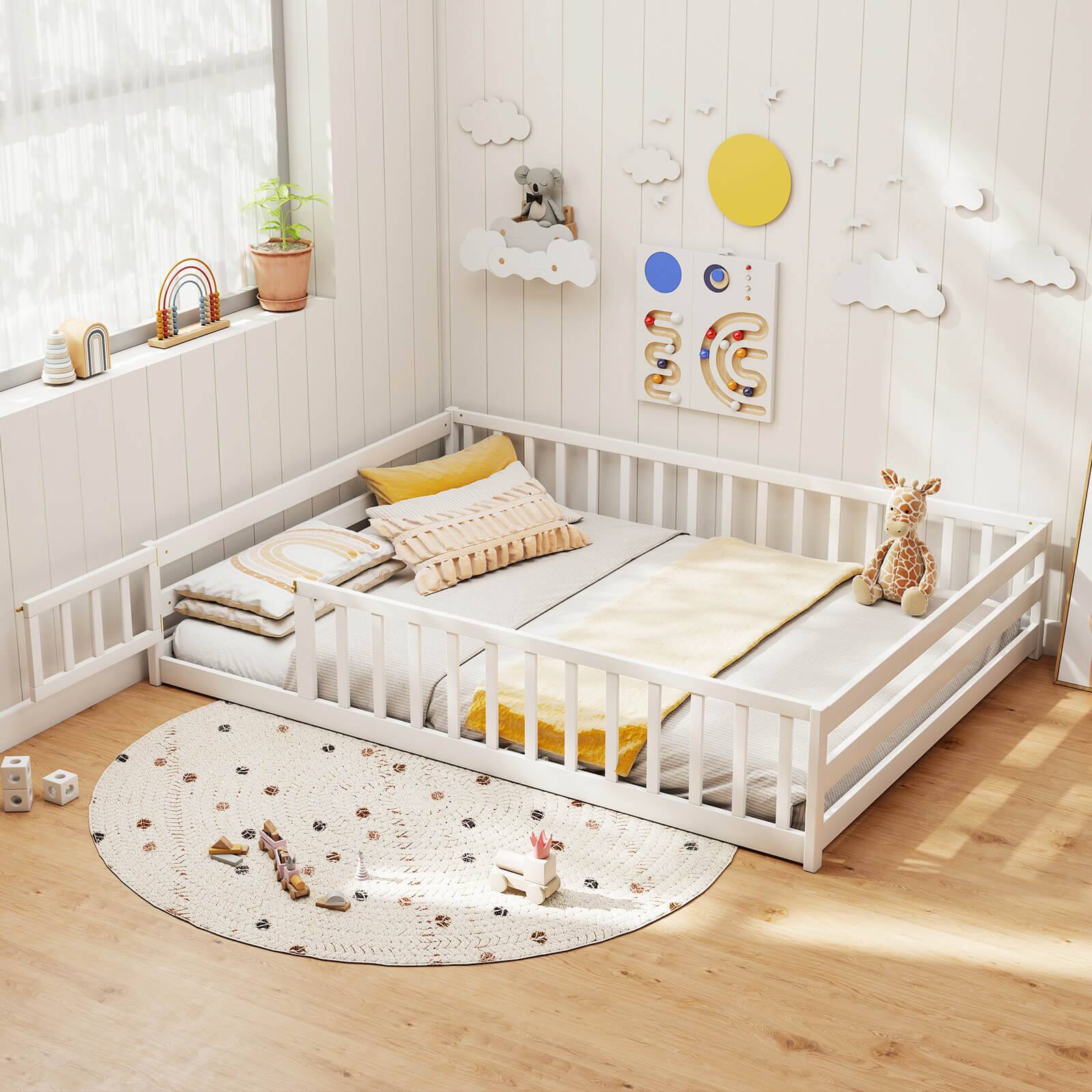 Alt View 1. Costway - Costway Full Size Floor Bed with Full Length Safety Guardrails & Door for Boys, Girls - White.